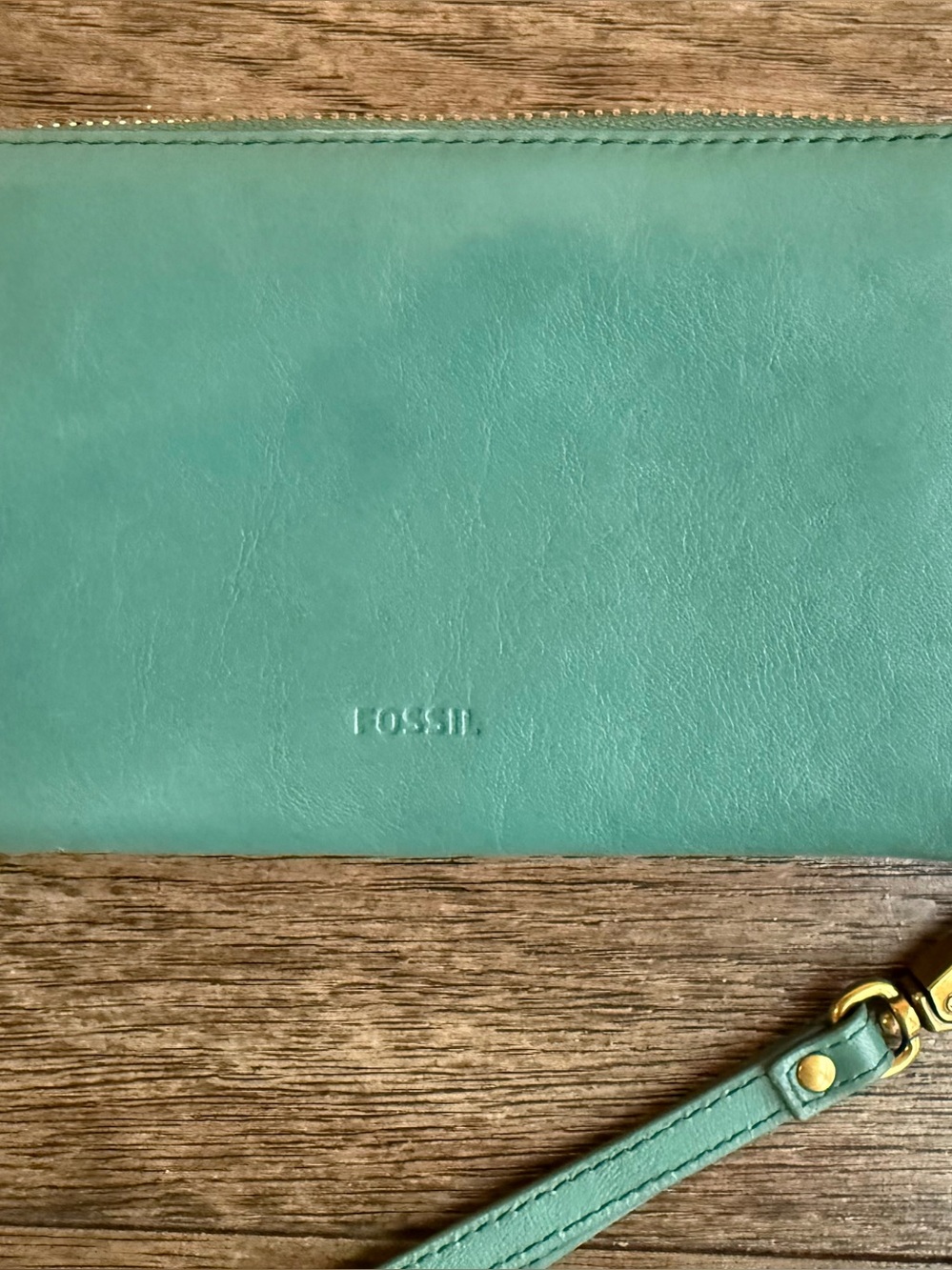 Gorgeous Fossil Teal Leather Wristlet Clutch with Gold Hardware